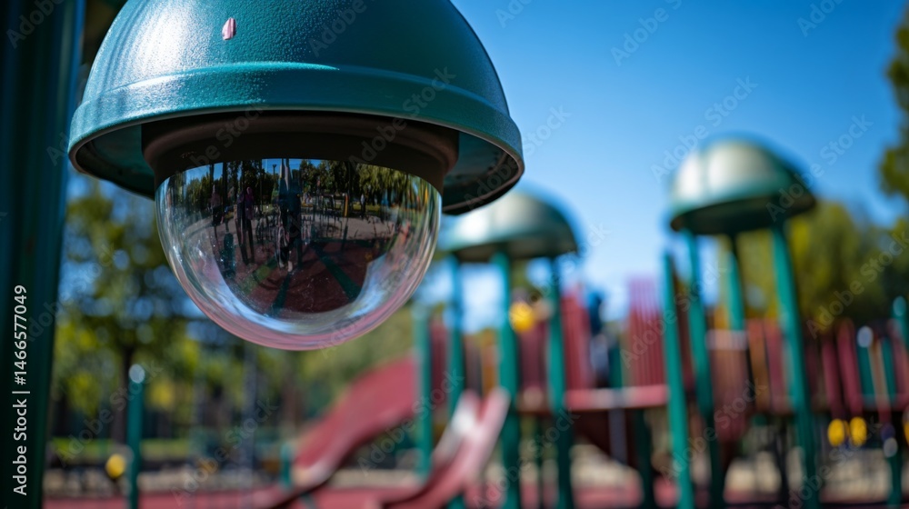 Poster an engaging image of a cctv camera watching over a playground, highlighting the importance of securi
