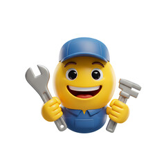 Happy Emoji Mechanic 3D Rendering of a Smiling Technician with Tools isolated on Transparent Background