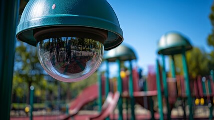 An engaging image of a CCTV camera watching over a playground, highlighting the importance of security for children's safety in public spaces