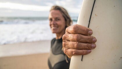 A smiling surfer stands on the sandy beach, ready to embrace the waves at dusk.