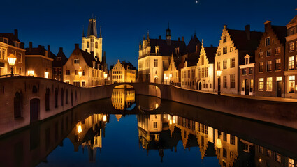Fototapeta premium Under the veil of night, Bruges, Bergen, Norway, transforms into a mystical tableau of illuminated architecture and winding canals.
