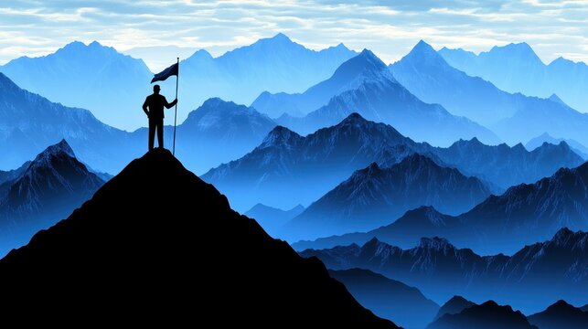 Silhouetted figure stands atop misty mountain peak symbolizing achievement ambition and success amidst breathtaking ethereal landscapes - Powered by Adobe