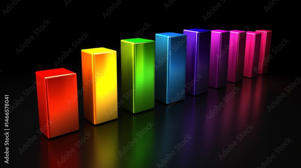 Fototapete array of rainbow-colored d bars in a row, gradually increasing in height, with smooth shadows and re