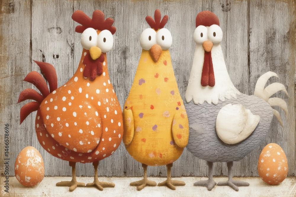 Aufkleber whimsical cartoon hens standing proudly among colorful eggs in a rustic farm setting under soft morn