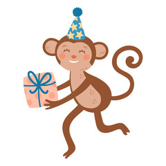 Cute colorful birthday monkey with gift. Animal character. Hand-drawn vector illustration in flat style.