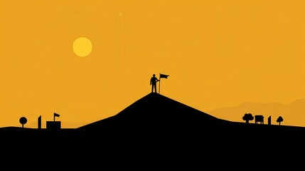 Pixelated conquest concept with leader figure on mountain top displaying ambition and overcoming adversity within the landscape silhouette art