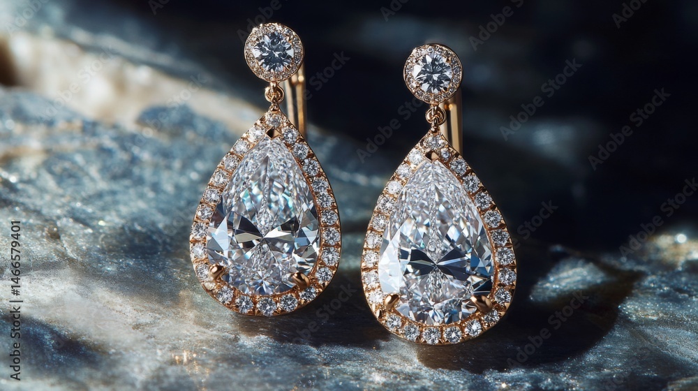 Poster a beautiful close-up of a pair of diamond drop earrings, captured in natural light to showcase their
