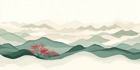 Misty Mountains Serene Landscape with Red Trees in Tranquil Haze.