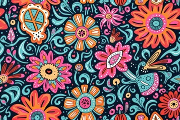 Fototapeta premium Vibrant floral pattern with colorful abstract flowers and swirls on dark background