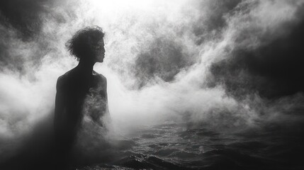 Silhouette of a figure in misty water