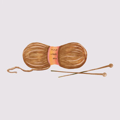 watercolor Ball of yarn with knitting needles in isolated background