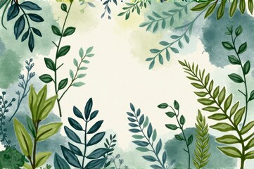 Fototapeta premium Watercolor botanical frame with lush greenery and soft pastel background