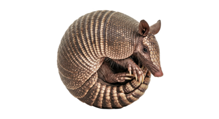 Remarkable nine-banded armadillo curled tightly in a defensive posture, showcasing its distinct, protective shell plates. Isolated on a pristine white background.