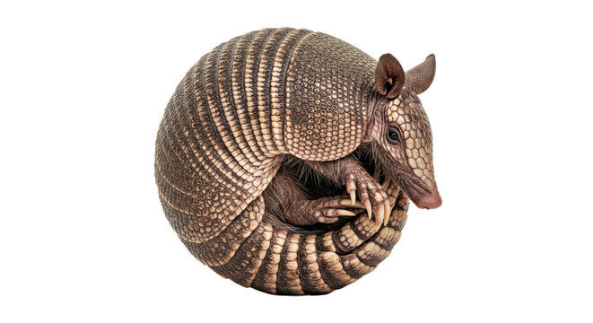 Remarkable nine-banded armadillo curled tightly in a defensive posture, showcasing its distinct, protective shell plates. Isolated on a pristine white background.