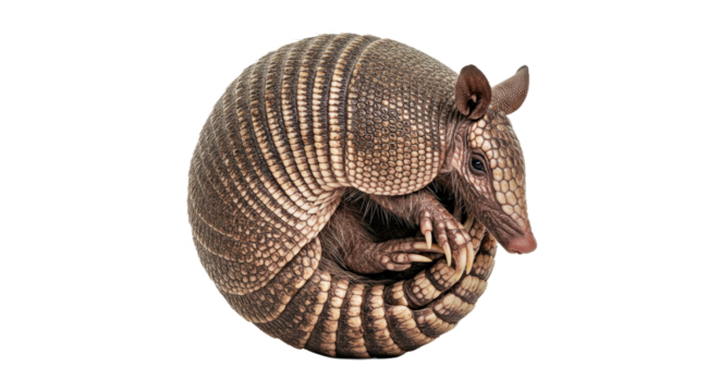 Remarkable nine-banded armadillo curled tightly in a defensive posture, showcasing its distinct, protective shell plates. Isolated on a pristine white background.