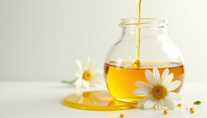Slow motion image of honey and chamomile streaming into clear bottle on white background, drink, condiment