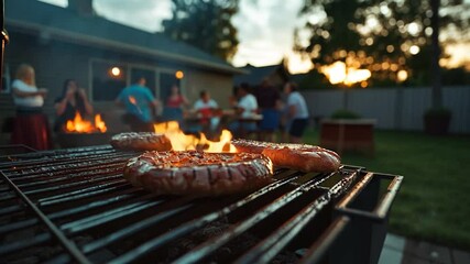 Close-up of sausages grilling on a barbecue grill in a backyard at sunset with friends and family in the background. The warm light and the smoky atmosphere create a cozy and inviting outdoor