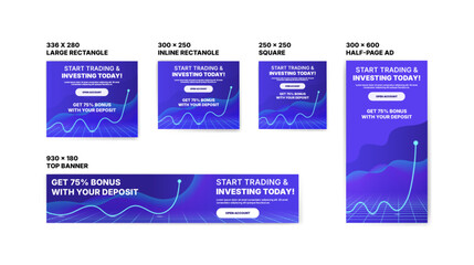Fototapeta premium Start Trading & Investing Today. Advertising banners for investing, forex trading and cryptocurrencies. Web banner templates.