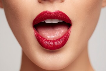 Fototapeta premium Red Lipstick on Open Mouth with Teeth and Tongue