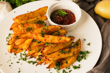 Top view baked potatoes, seasoned with paprika and garlic, topped with fresh parsley and rich tomato sauce an irresistible homemade dish served fresh from the oven..