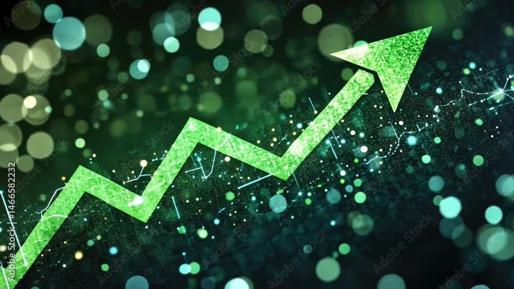 Poster vibrant green arrow symbolizing growth and progress amid shimmering lights and data patterns, evokin