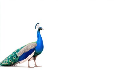 Fototapeta premium a beautiful peacock Over white Studio Background.