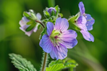 Fototapeta premium Delicate purple flowers bloom in a vibrant green meadow during sunny springtime
