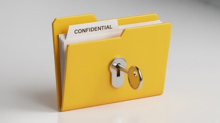 Confidential Files: A yellow file folder with the word "Confidential" printed on a tab, secured with a key in the lock, symbolizing secrecy and data protection.
