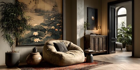Interior design, elegant, decorative painting, sofa