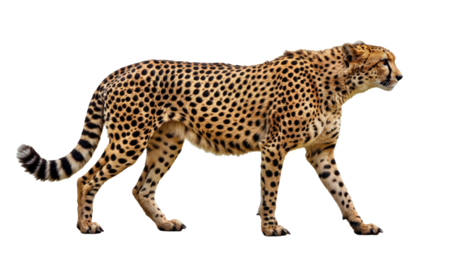 Elegant cheetah walking gracefully in a side profile view, its long tail extended for balance and sleek muscles clearly visible. Full body isolated on white.