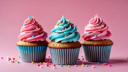 Delicious cupcakes on pink background for celebration