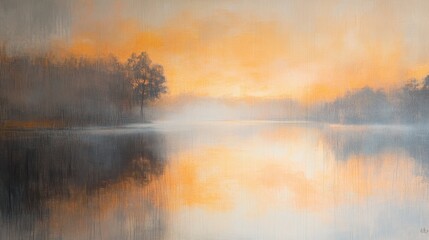 Ethereal sunrise with orange hues dancing on misty lake