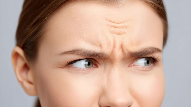 Skeptical Woman: Close-up of a young woman's face showing a skeptical expression, with furrowed brows and narrowed eyes.  The image conveys doubt and uncertainty.