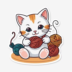 Obraz premium Cute White Kitten with Orange Yarn Balls