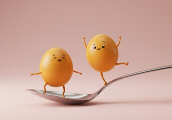 Two egg yolks joyfully dancing on spoon