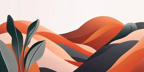 Wavy Autumn Abstract hills and plant in terracotta with gray shades.