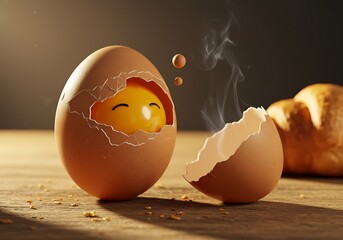 Egg yolk smiling beside croissant