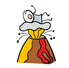 Poor traveler is trapped by a volcanic eruption. Vector illustration of a stickman on a mountain, fire, ash and hot lava flowing down the slope.