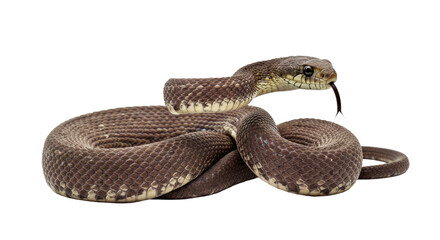Obraz premium Alert snake coiled defensively with its head raised prominently and its forked tongue actively flicking the air. Full body isolated on a clean white background.