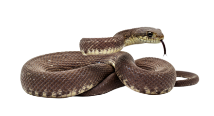 Alert snake coiled defensively with its head raised prominently and its forked tongue actively flicking the air. Full body isolated on a clean white background.