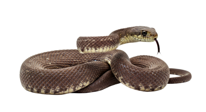 Alert snake coiled defensively with its head raised prominently and its forked tongue actively flicking the air. Full body isolated on a clean white background.