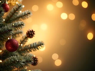 Fluffy branches of a fir tree with garlands and cones on a golden bokeh background. Christmas banner.