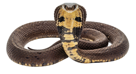 Dangerous venomous snake in a threatening defensive pose, its hood fully expanded and sharp fangs clearly visible. Full body isolated on a white background.