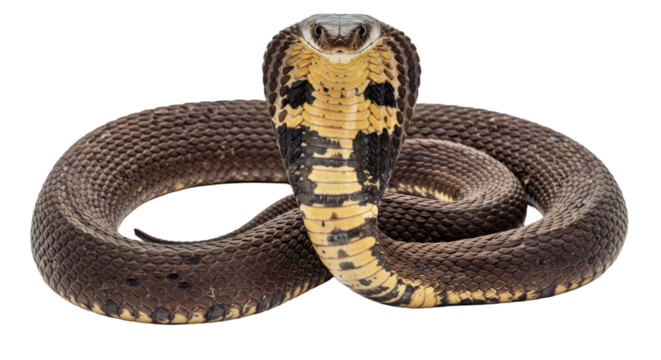 Dangerous venomous snake in a threatening defensive pose, its hood fully expanded and sharp fangs clearly visible. Full body isolated on a white background.