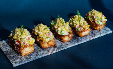 Crispy Rice sushi served on a stone slate, fine dining, luxury, japanese, food, social media post, banner, flyer, food photography