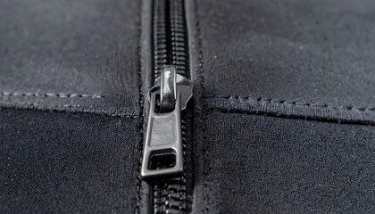 Close up of a sleek black wetsuit zipper, highlighting craftsmanship and durability for surfers.