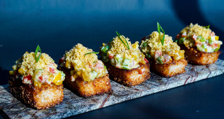 Crispy Rice sushi served on a stone slate, fine dining, luxury, japanese, food, social media post, banner, flyer, food photography