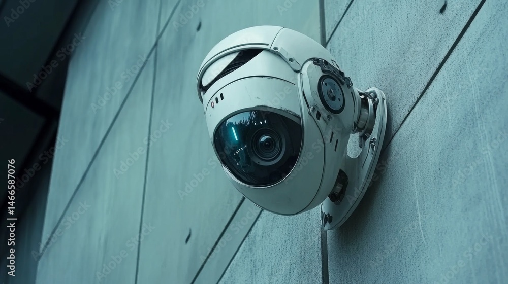 Aufkleber a detailed shot of a wall-mounted cctv camera with a rotating head, set against a modern architectur