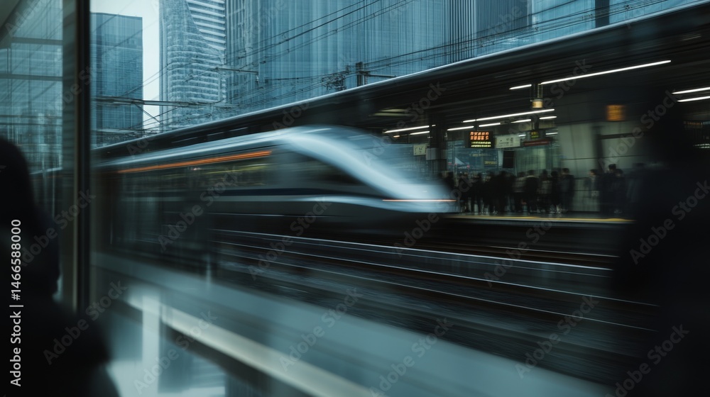 Poster a dynamic shot of a high-speed train entering a station, with motion blur capturing its speed and th