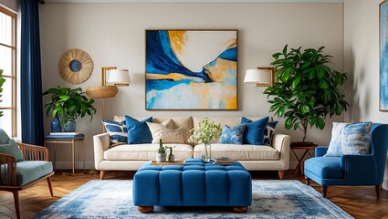Elegant living room with abstract art and cozy decor